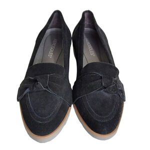 Aerosoles Black Suede Sidewalk Bow Trim Pointed Toe Small Wedge Loafers Slip Ons